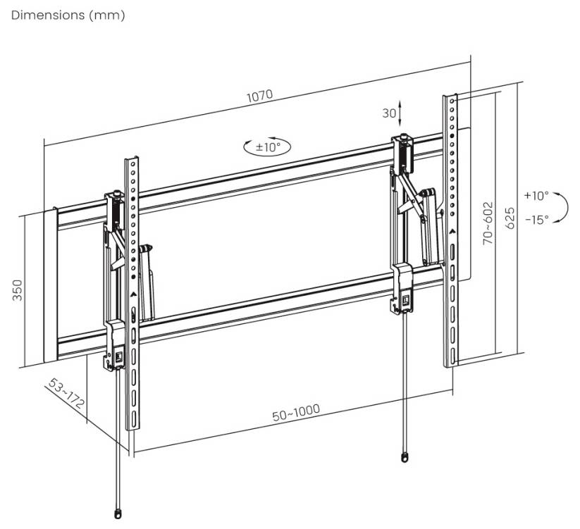 Technický diagram zobrazujúci rozmery montážneho držiaka: šírka 1070 mm, nastaviteľná od 50-1000 mm, vertikálna dĺžka 350 mm a uhly sklonu ±10°.