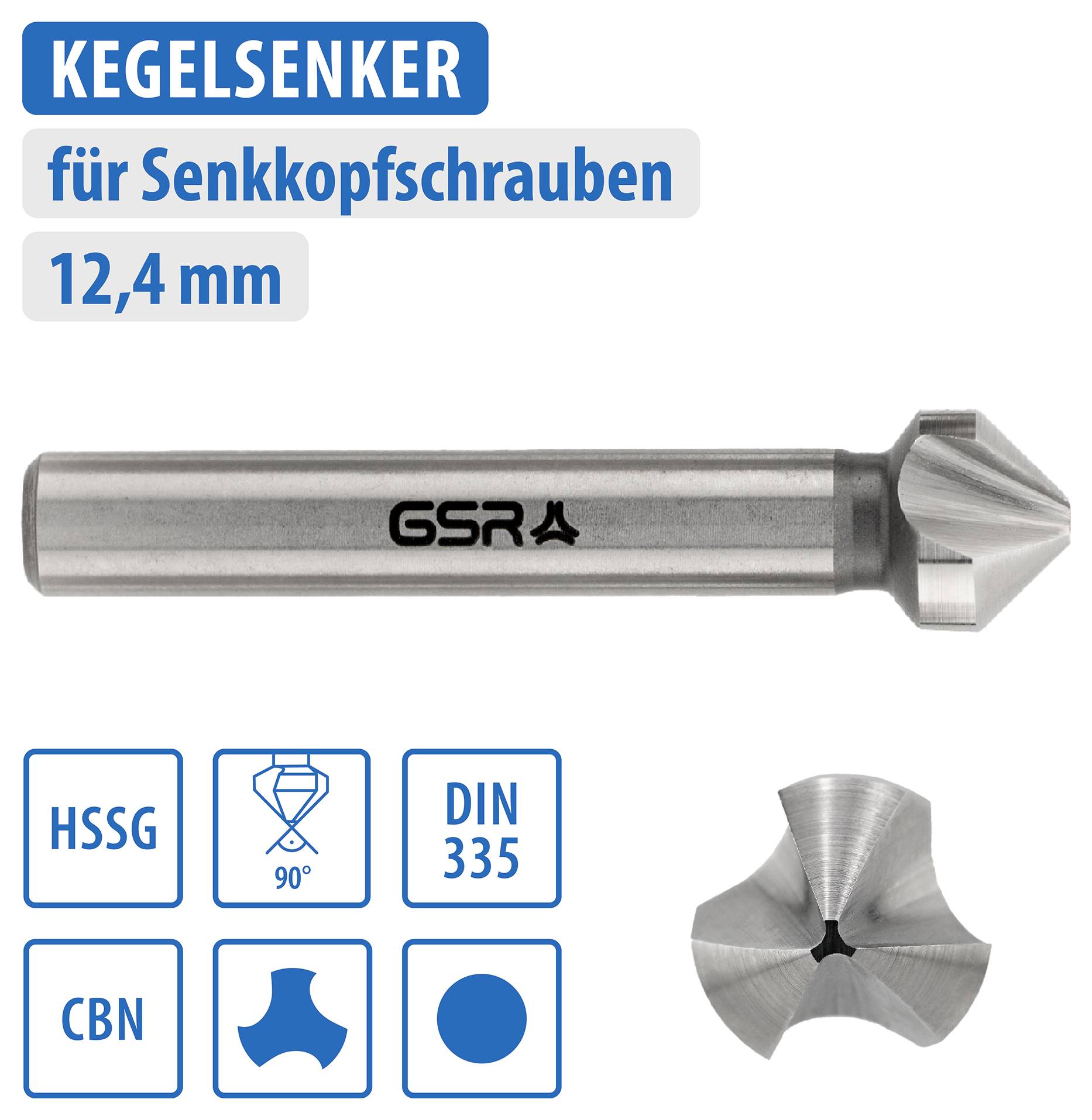 Zápusťovač z nehrdzavejúcej ocele pre zapustené skrutky, priemer 12,4 mm. Obsahuje symboly pre HSSG, DIN 335, 90°, a CBN.