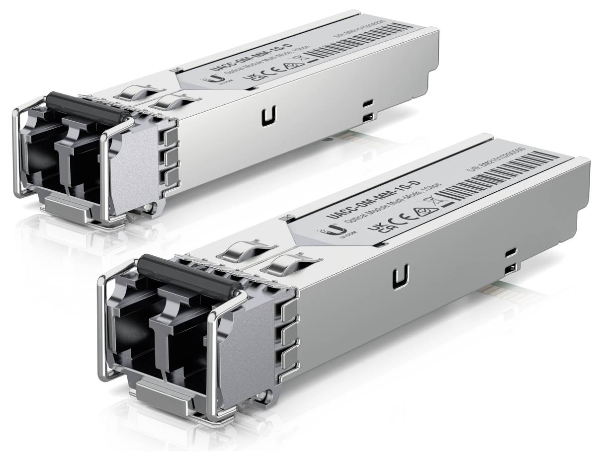 Dva moduly Ubiquiti UF-SM-10G SFP+ určené na fiber optickú konektivitu, zobrazené s duálnymi portmi a kovovou skriňou.