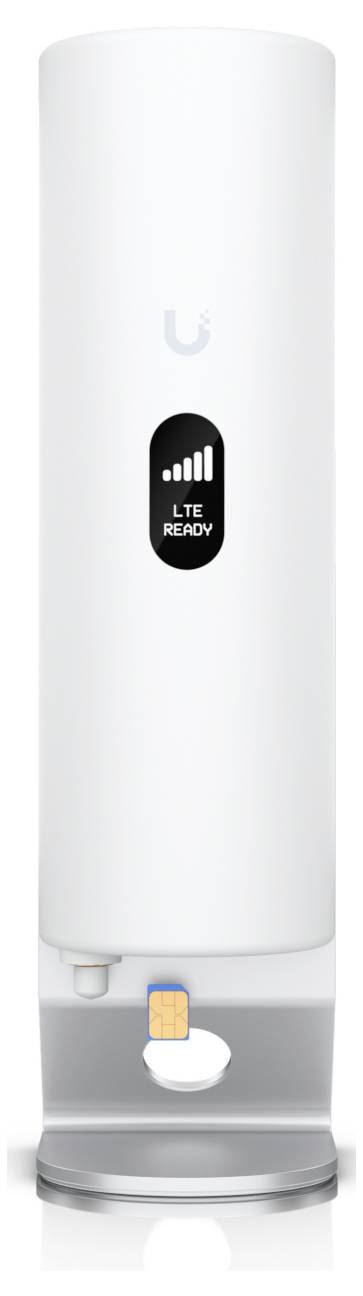 Biely valcový LTE anténny prístroj na podstave, ktorý na prednom paneli zobrazuje indikátor sily signálu a text "LTE Ready".
