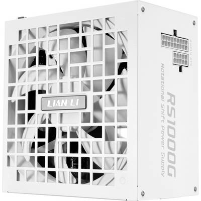 Jednotka napájacieho zdroja "Lian Li RS1000G" v bielej farbe s viditeľným ventilátorom a označenou stranou, ktorá vykazuje vzor mriežky a dizajn s rotačným posunom.