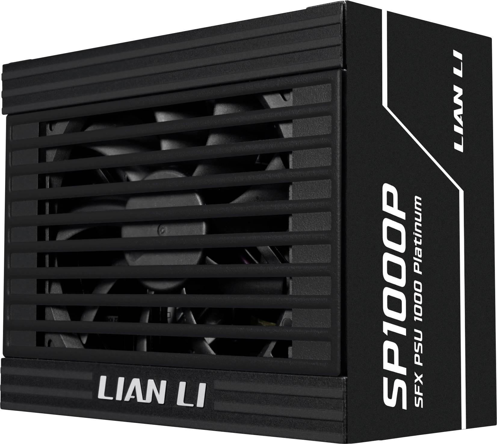Zdroj Lian Li SP1000P SFX PSU 1000 Platinum s kompaktným dizajnom, čiernym grilom a logom značky, vhodný pre počítače.
