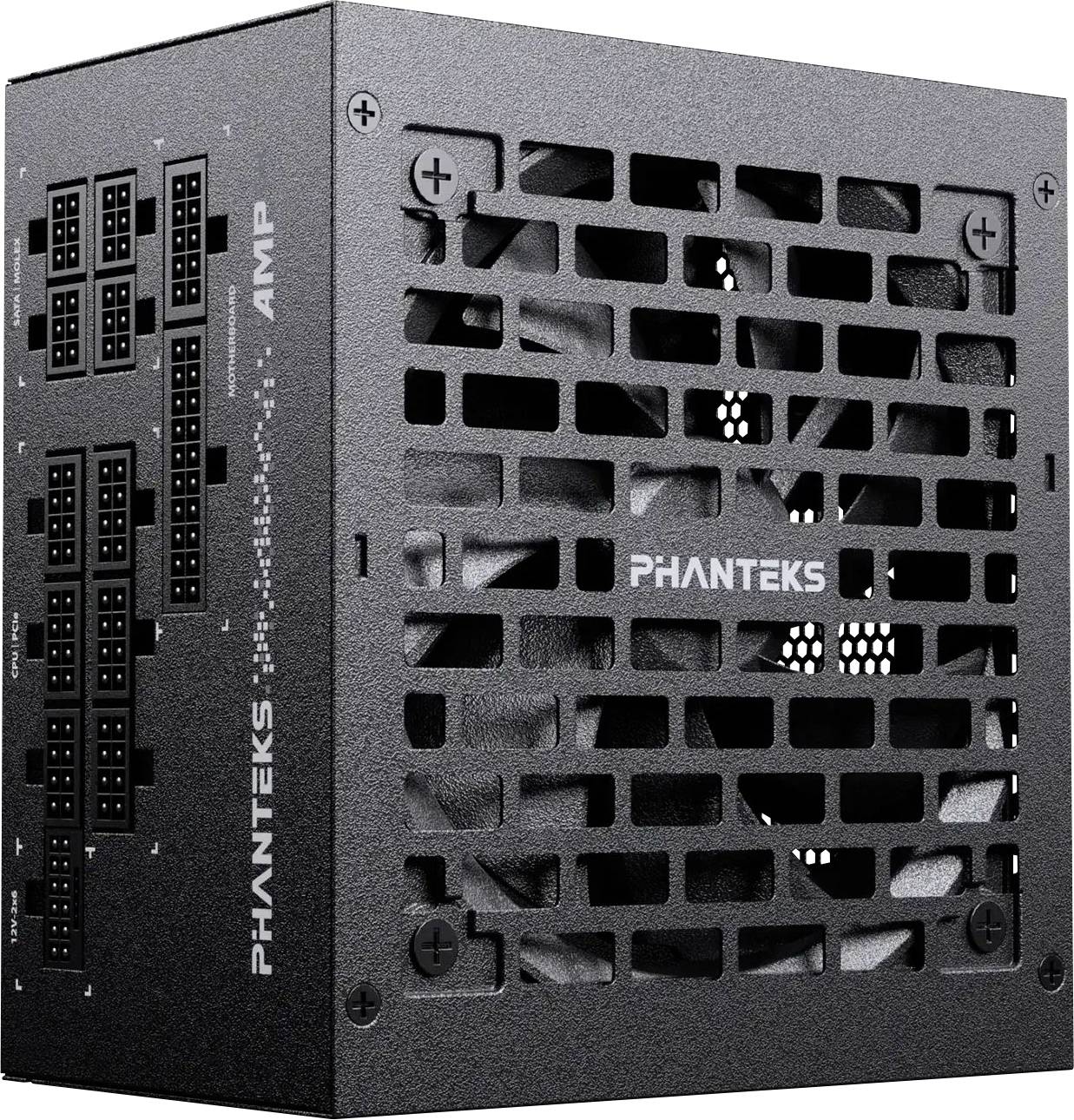 Phanteks napájací zdroj PC s kapacitou 1 000 W zobrazený s modulárnymi konektormi káblov a vetraným mriežkou ventilátor.