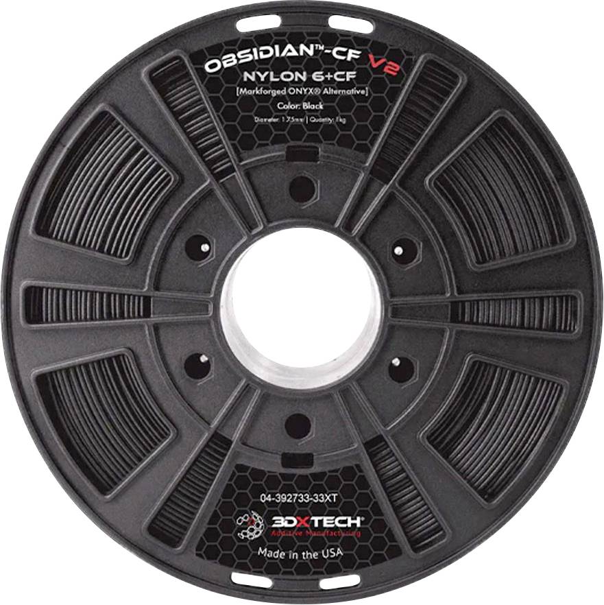 Čierny cievka filamentu na 3D tlač označená „OBSIDIAN-CF V2 NYLON-CF" a „3DXTECH" s veľkou stredovým otvorom.