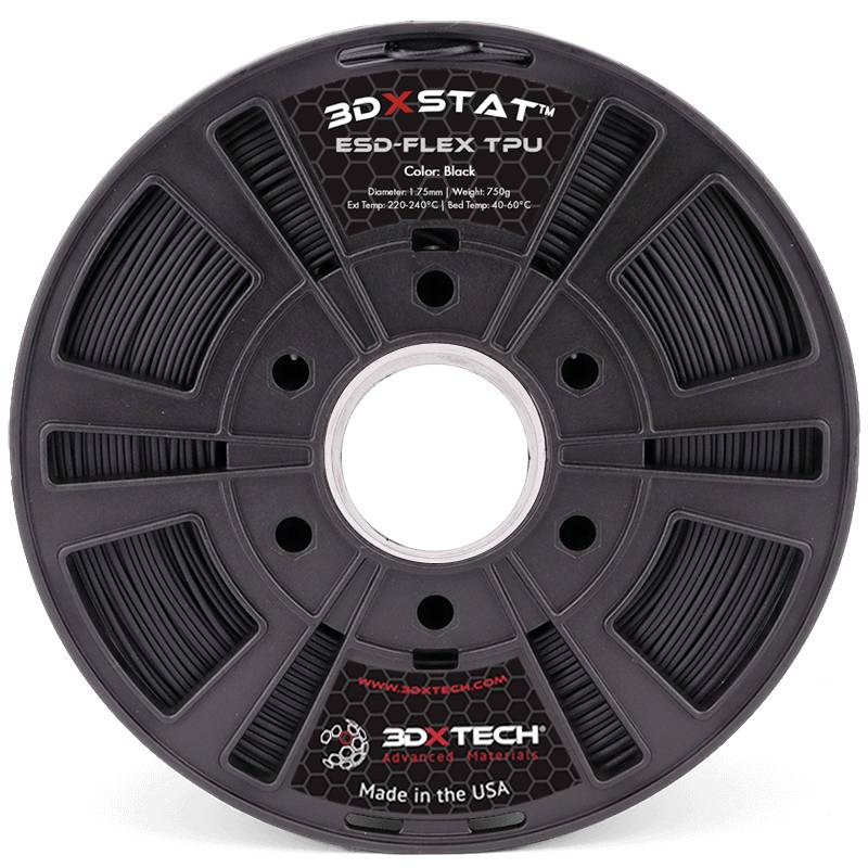 Čierna cievka filamentu 3DXSTAT ESO-Flex TPU označená „Color: Black" a „Made in the USA."