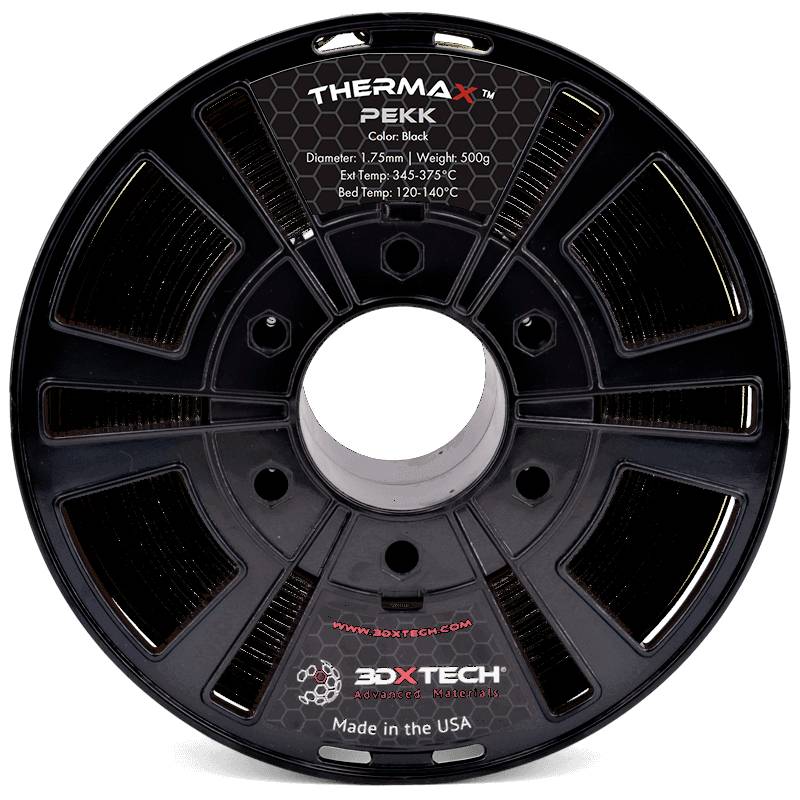 Cievka THERMAX PEKK 3D tlačiarenskej filamentu, čierna, 1,75 mm, 500 g, s špecifikáciami teploty a značkou 3DXTECH.