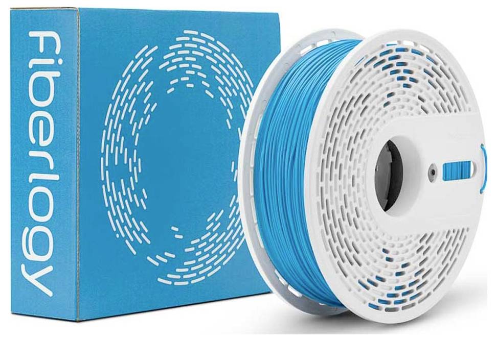Cievka filamentu na 3D tlač Fiberlogy v modrom a bielom balení, zobrazená vedľa značkového krabičky.
