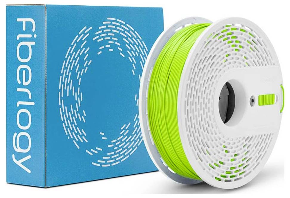 Krabica modrého vlákna Fiberlogy vedľa bielej cievky s jasne zeleným vláknom pre 3D tlačiarne na bielom pozadí.