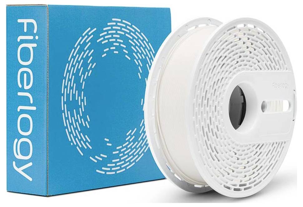 Vláknitá cievka Fiberlogy vedľa modrého produktového balenia s logom Fiberlogy na bielom pozadí.