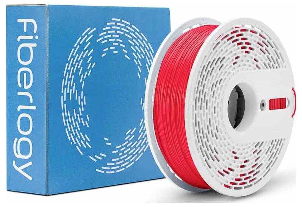 Vinutá červená cievka filamentu na 3D tlačiareň v krabici s nápisom „fiberlogy" na modrom balení.