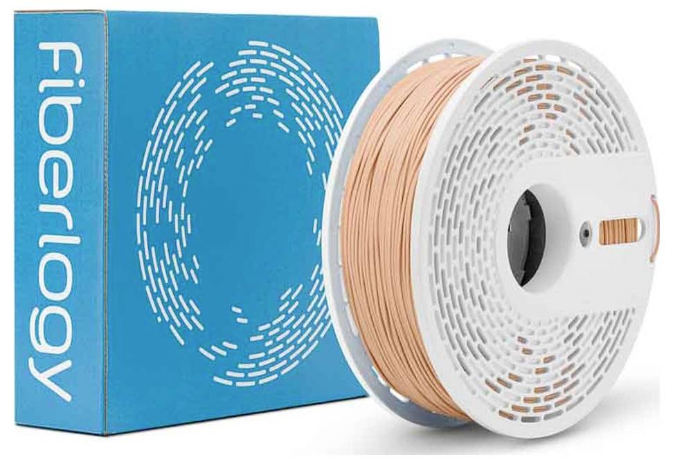 Cievka broskyňovo-farebného filamentu na 3D tlačiareň Fiberlogy vedľa modrého boxu Fiberlogy na bielom pozadí.