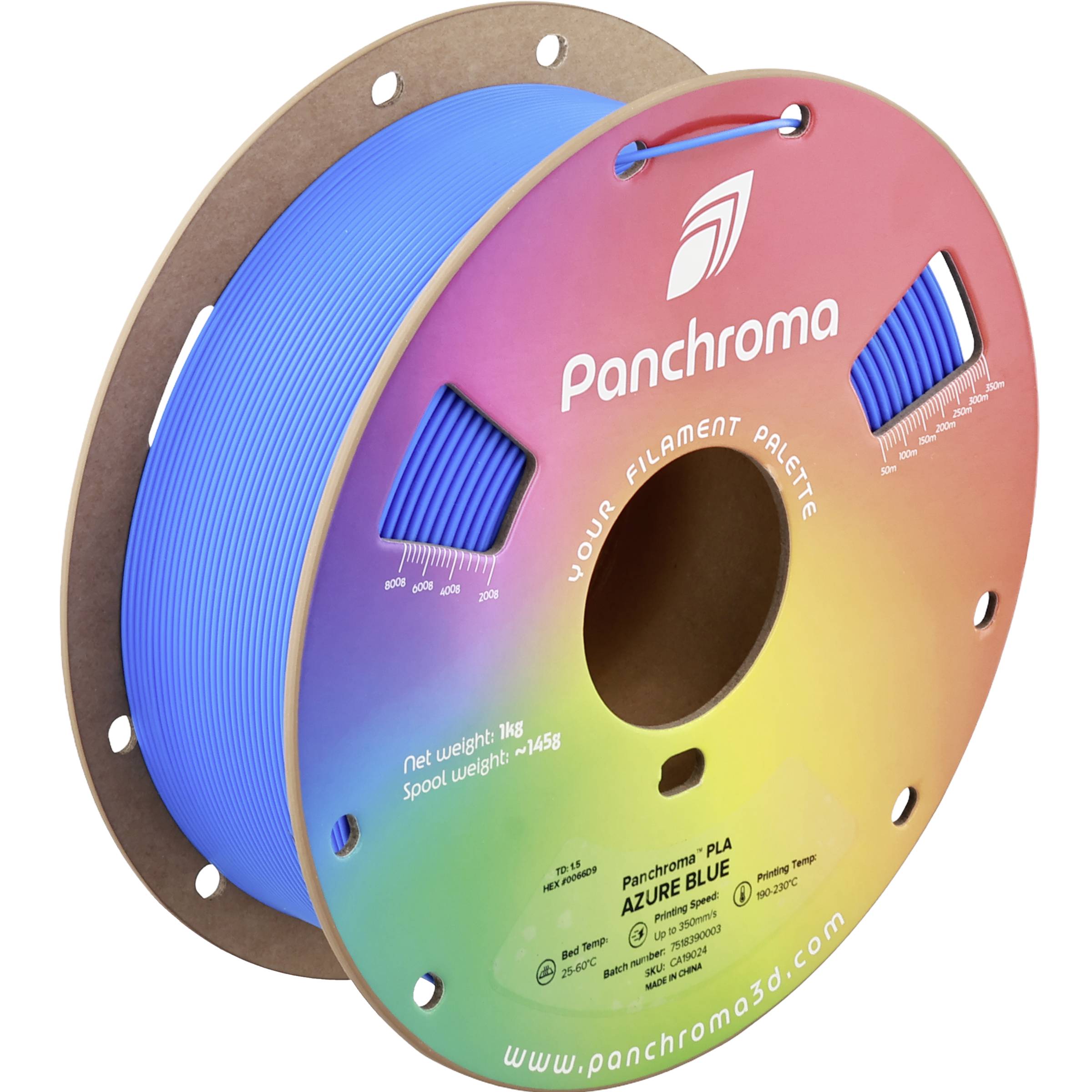 Cievka modrého filamentu pre 3D tlačiarne s balením Panchroma s dúhovým označením, zobrazujúca produkt a farebný názov "Azure Blue".
