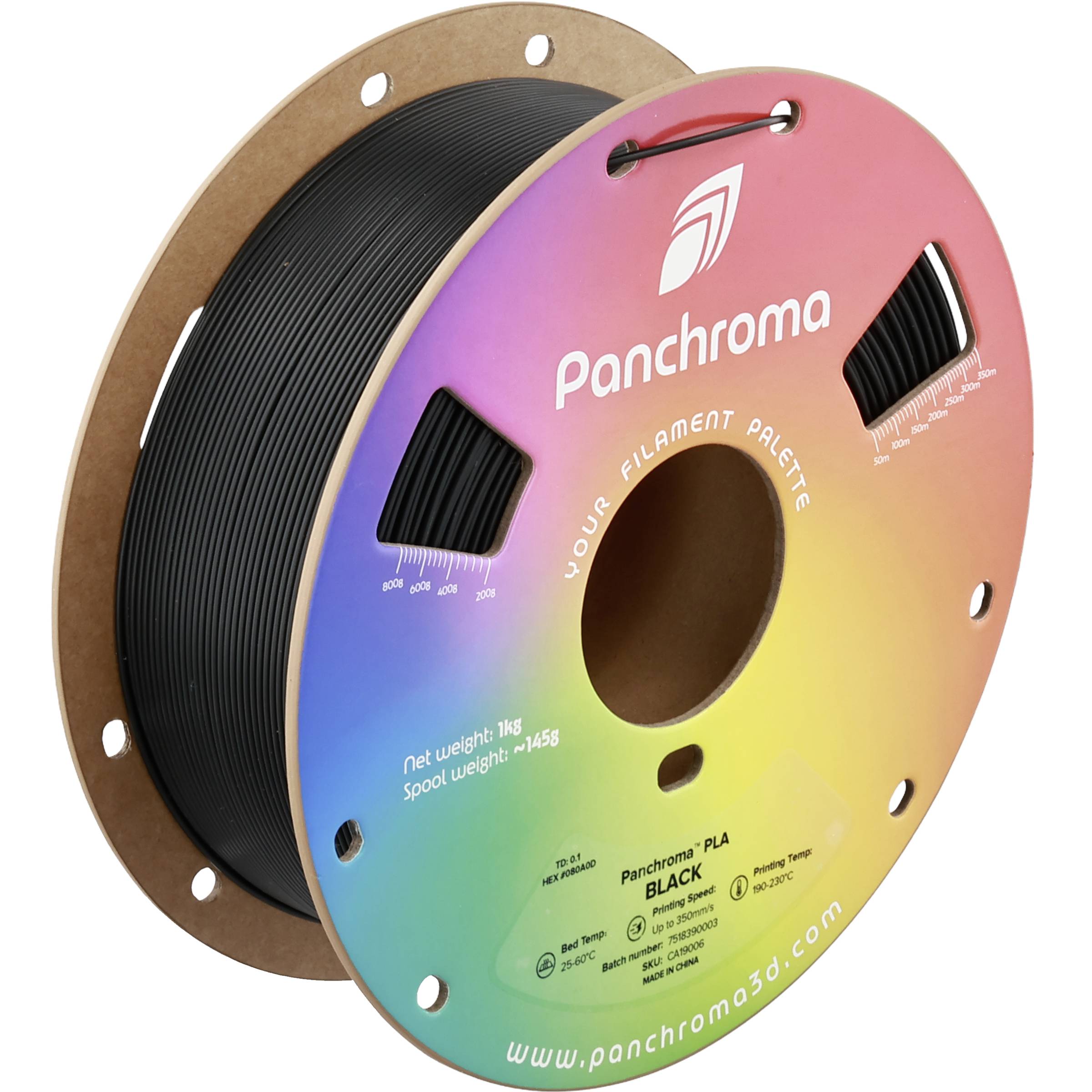 Cievka čierneho vlákna na 3D tlač na farebnej cievke Panchroma PLA označenej 'Panchroma' a 'BLACK'.