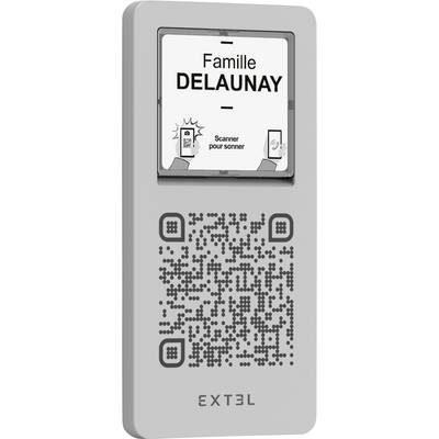 Dverenný panel s „Famille Delaunay" a „Scanner pour sonner", s QR kódom, značkou Extel a ilustráciou telefónu.
