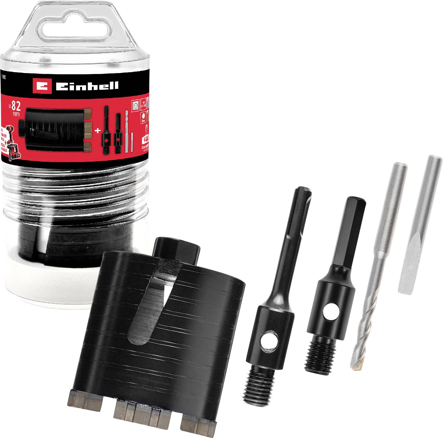 Sada otvorovej píly Einhell s puzdrom, veľký čierny rezný bit, dva adaptéry vretena a dva vrtáky na bielom pozadí.