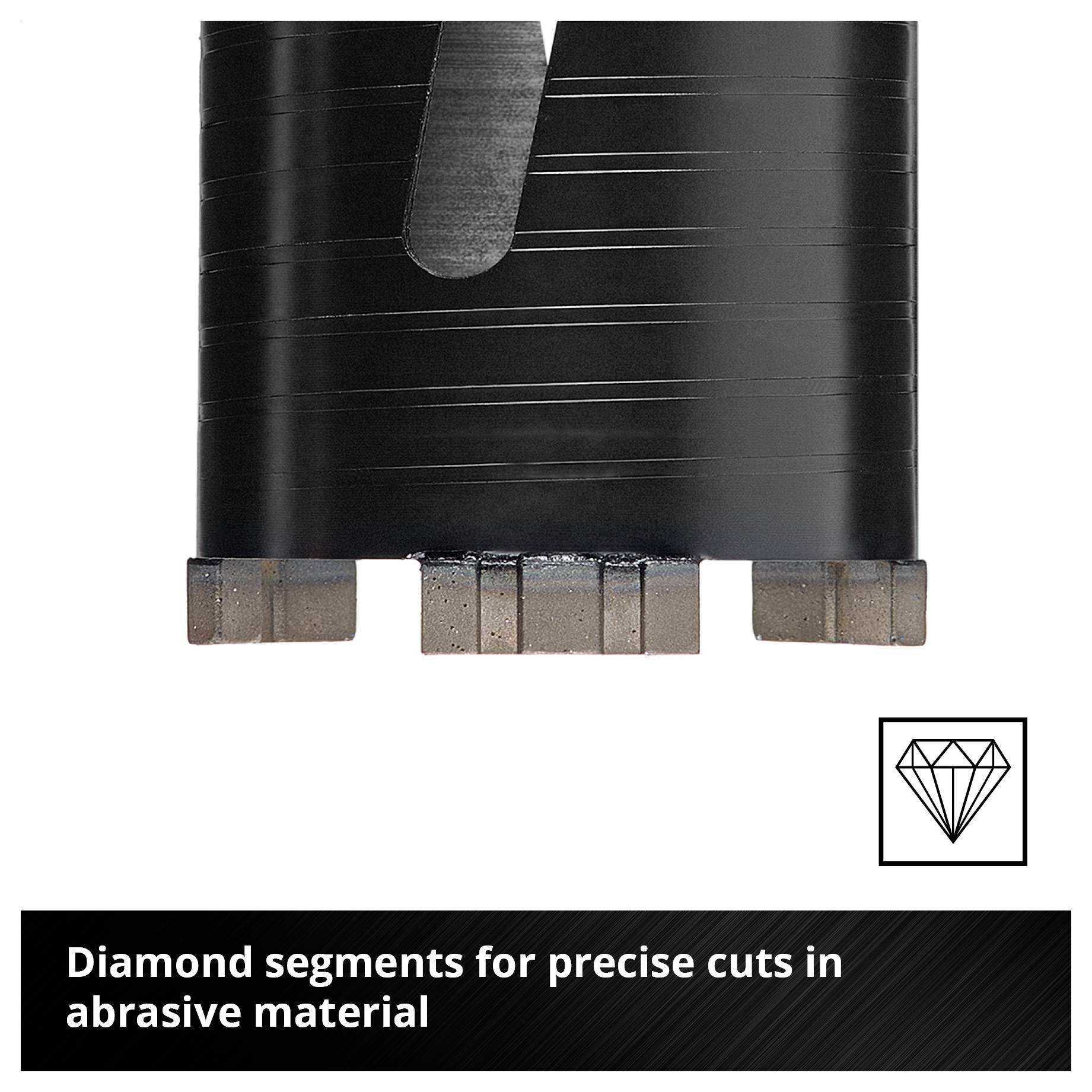 Diamantový vrták so segmentami; Text: 'Diamantové segmenty na presné rezanie v abrasívnom materiáli'.