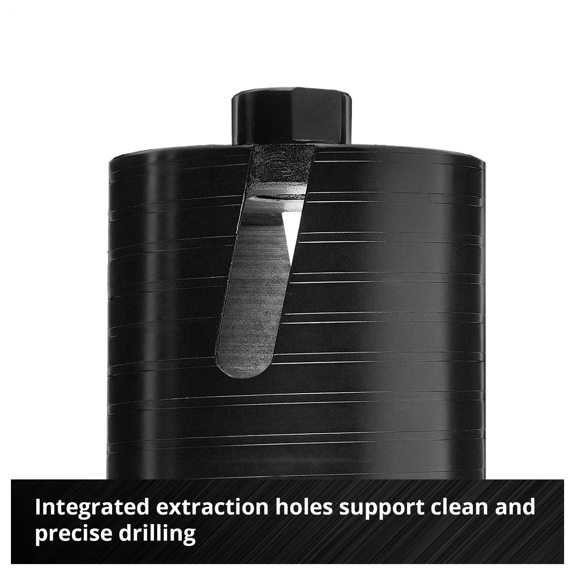 Čierny kontajner na vzorky vŕtaných jadier so integrovanými otvormi na vypúšťanie; Text: 'Integrované otvory na vypúšťanie uľahčujú čisté a presné vŕtania'.