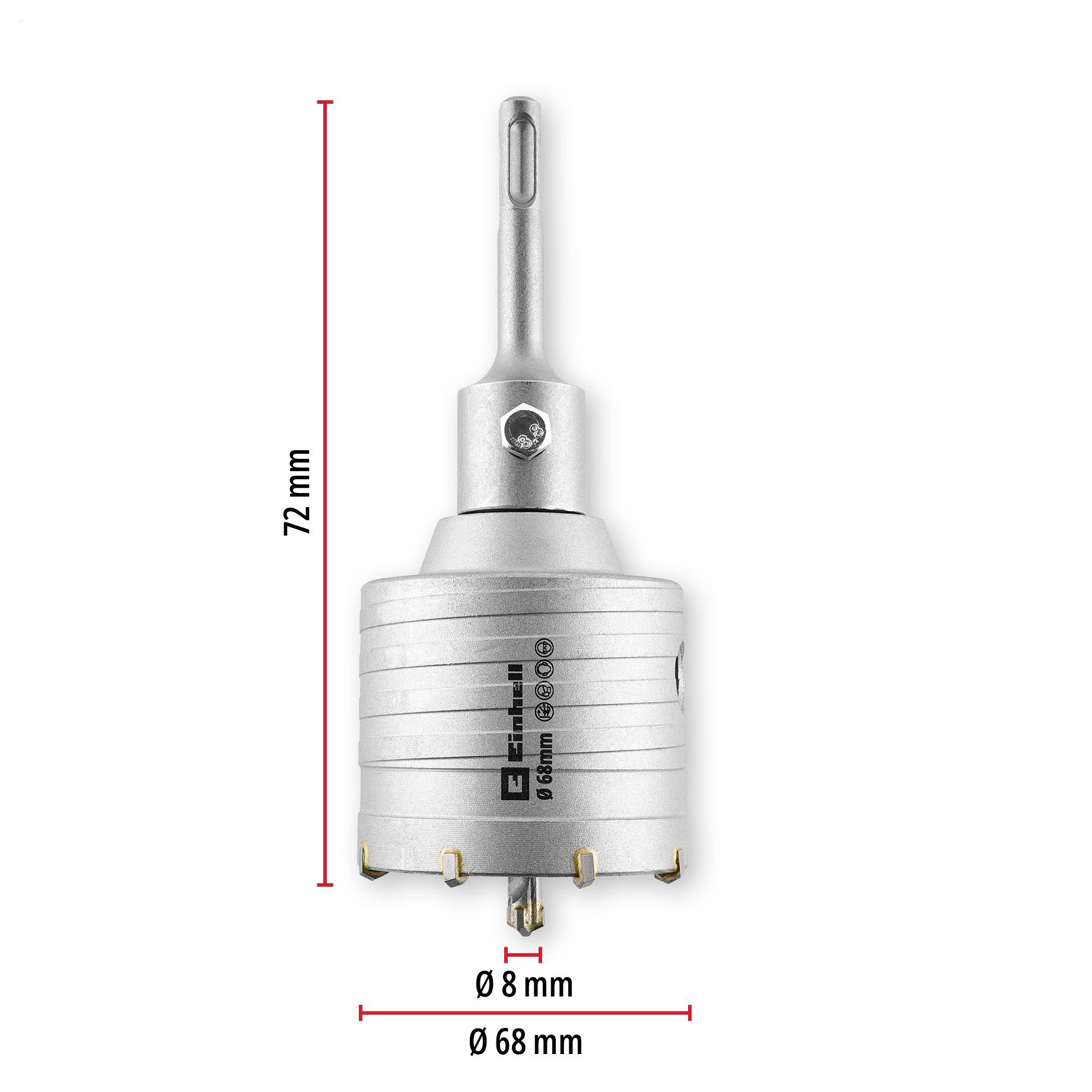 Strieborný vrták s otvorom zobrazený s rozmermi: výška 72 mm, priemer 68 mm a pilotný vrták 8 mm.