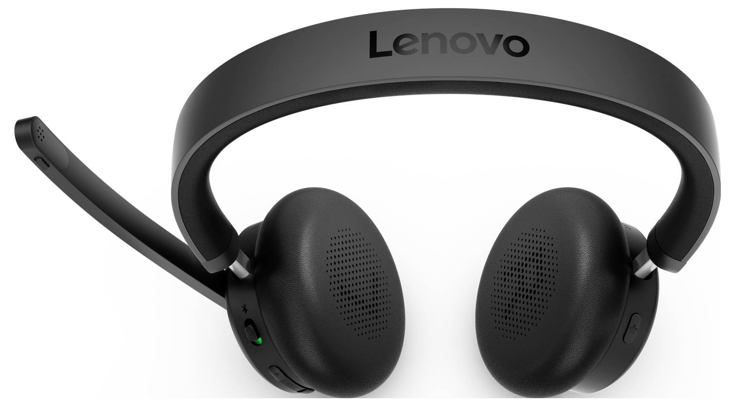 Čierne slúchadlá Lenovo na uši s mikrofonným ramenom, s mäkkými náušníkami a nastaviteľnou čelenkou.
