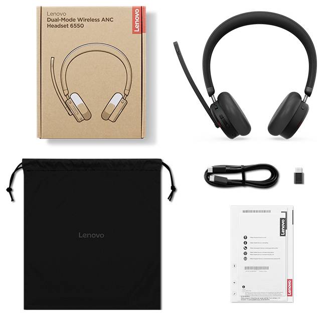 'Lenovo Dual-Mode Wireless ANC Headset S650' s náušnicami, nabíjacím káblom, USB adaptérom, manuálom a prenosným puzdrom.