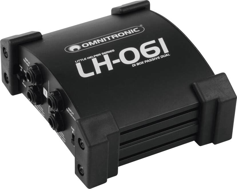 'Omnitronic LH-061 DI Box Passive Dual' s viacerými vstupnými a výstupnými portami na boku. Čierne, kompaktné zvukové zariadenie.