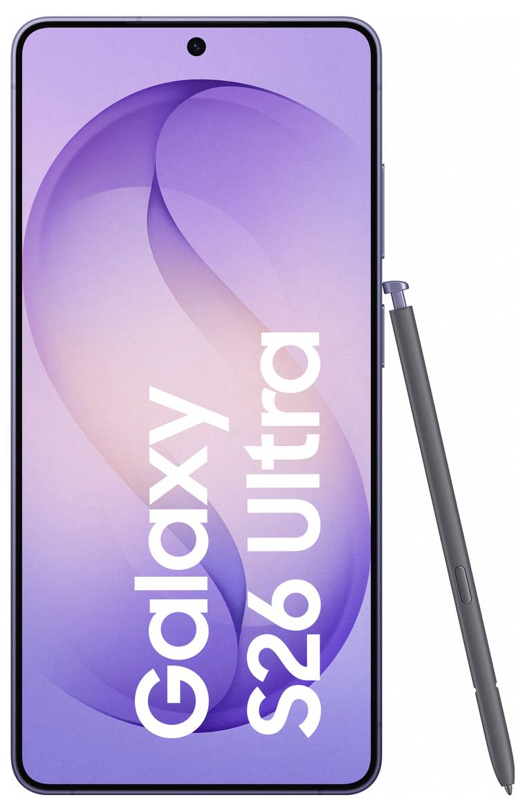 Smartfón s veľkým displejom označený Galaxy S26 Ultra, ktorý má stylus S Pen umiestnený vedľa neho.