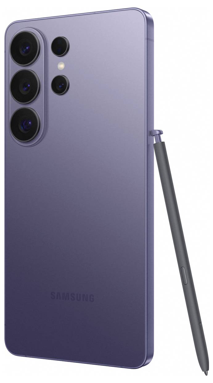 Fialový smartfón s tromi zadnými fotoaparátmi a stylom na boku.