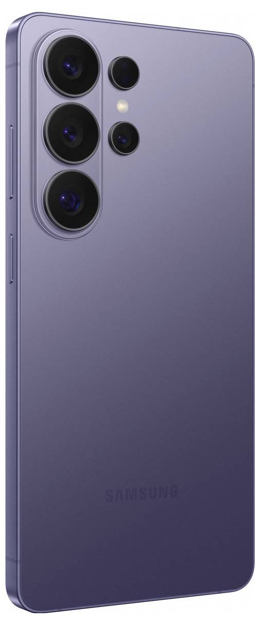 Čierny smartfón zobrazuje zadný pohľad s troma fotoaparátmi zaradenými vertikálne a bleskom v ľavom hornom rohu. Je viditeľné logo Samsung.