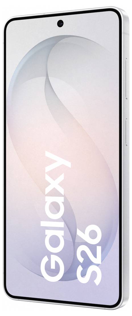 Smartfón zobrazujúci na displeji „Galaxy S26". Telefón má štíhly dizajn s minimálnym lemom a jedinou prednou kamerou v hornom strede.
