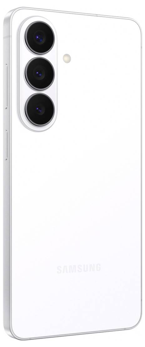 Biely smartfón zobrazujúci zadnú stranu s tromi vertikálnymi kamerami na ľavej strane a bleskom pod nimi. Logo Samsung je umiestnené v centre nižšie.