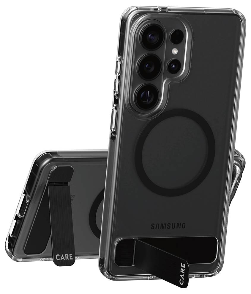 Puzdro na smartphone s pripojeným stojanom na zadnej strane, ktorý umožňuje postaviť telefón do vzpriamenej polohy.