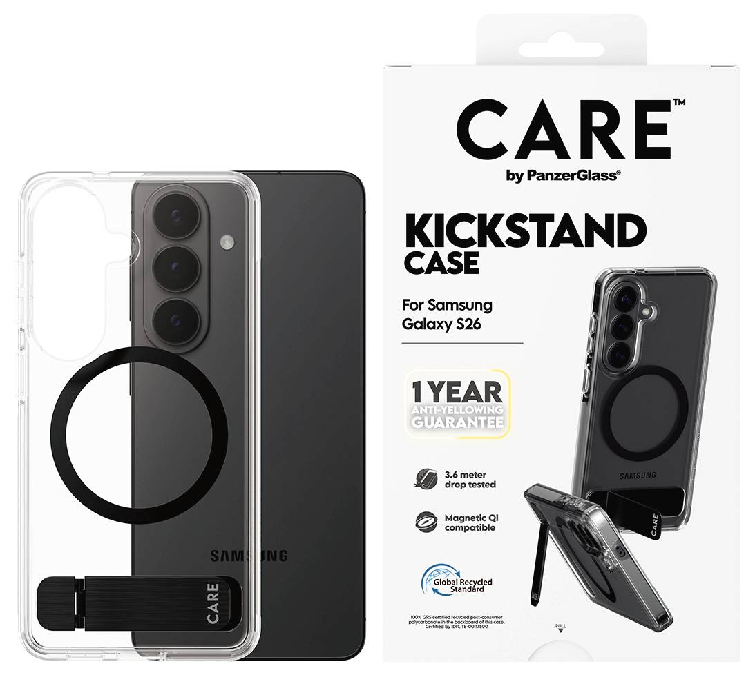 'CARE Kickstand Case pre Samsung Galaxy S26' obal. Zobrazuje priehľadný obal s podporou. Zvýrazňuje funkcie: '1 rok záruky', 'testované na pád z výšky 3,6 metra', 'kompatibilné s magnetickým Qi', '50% recyklovaných materiálov'.