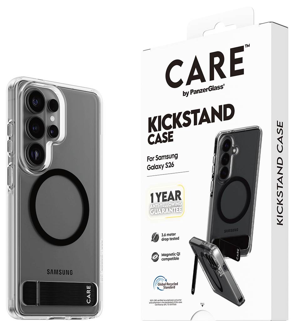 'Puzdro CARE Kickstand Case pre Samsung Galaxy S26' - balenie s priehľadným puzdrom s kruhovým dizajnom a stojanom, ktoré ponúka ochranu pri páde z výšky 3,6 metra a 1-ročnú záruku.