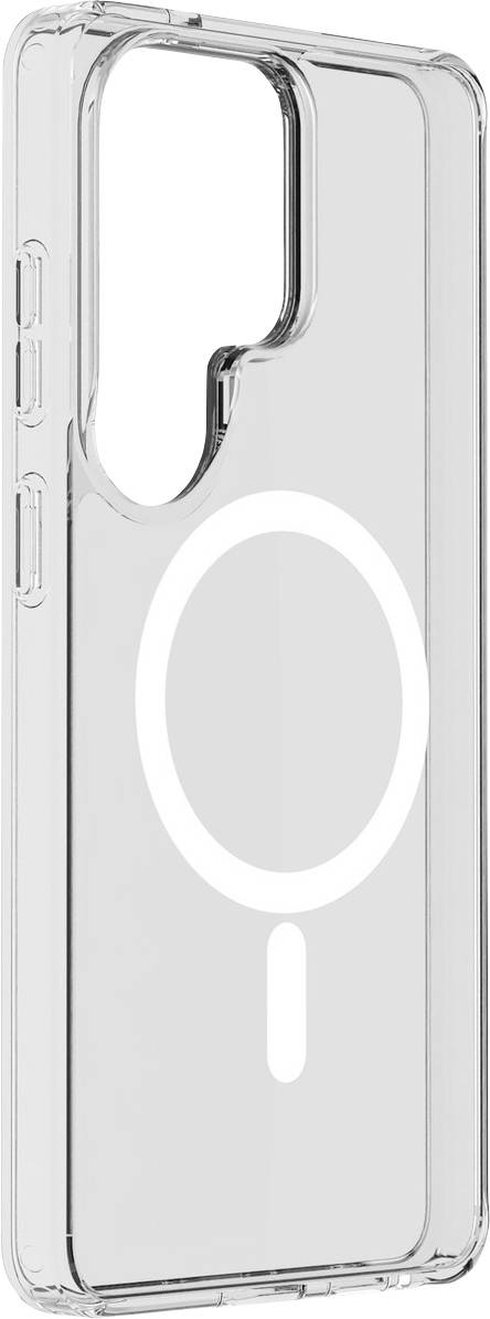 Transparent puzdro na smartfón s bielym kruhom a vertikálnou čiarou, ktoré naznačuje kompatibilitu s MagSafe, na jednoduchom pozadí.