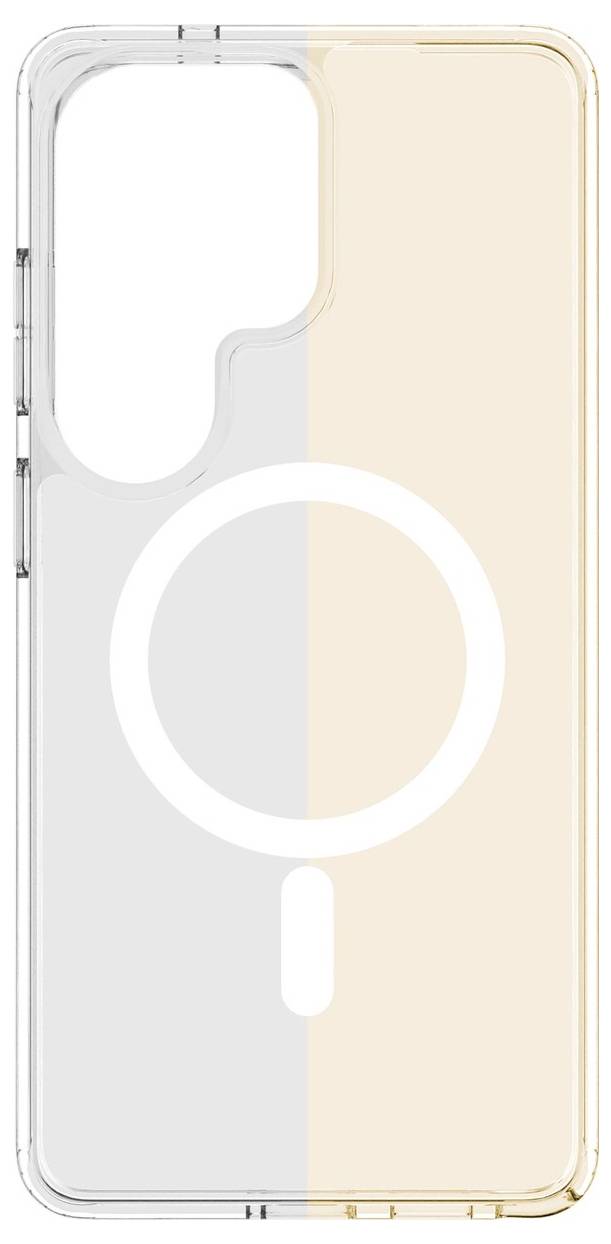 Priehľadný kryt na telefón s dizajnom Magsafe kruhu, s dvojfarbným prevedením v podobe priehľadnej sivej a svetlej broskyňovej farby, vhodný pre modely iPhone.