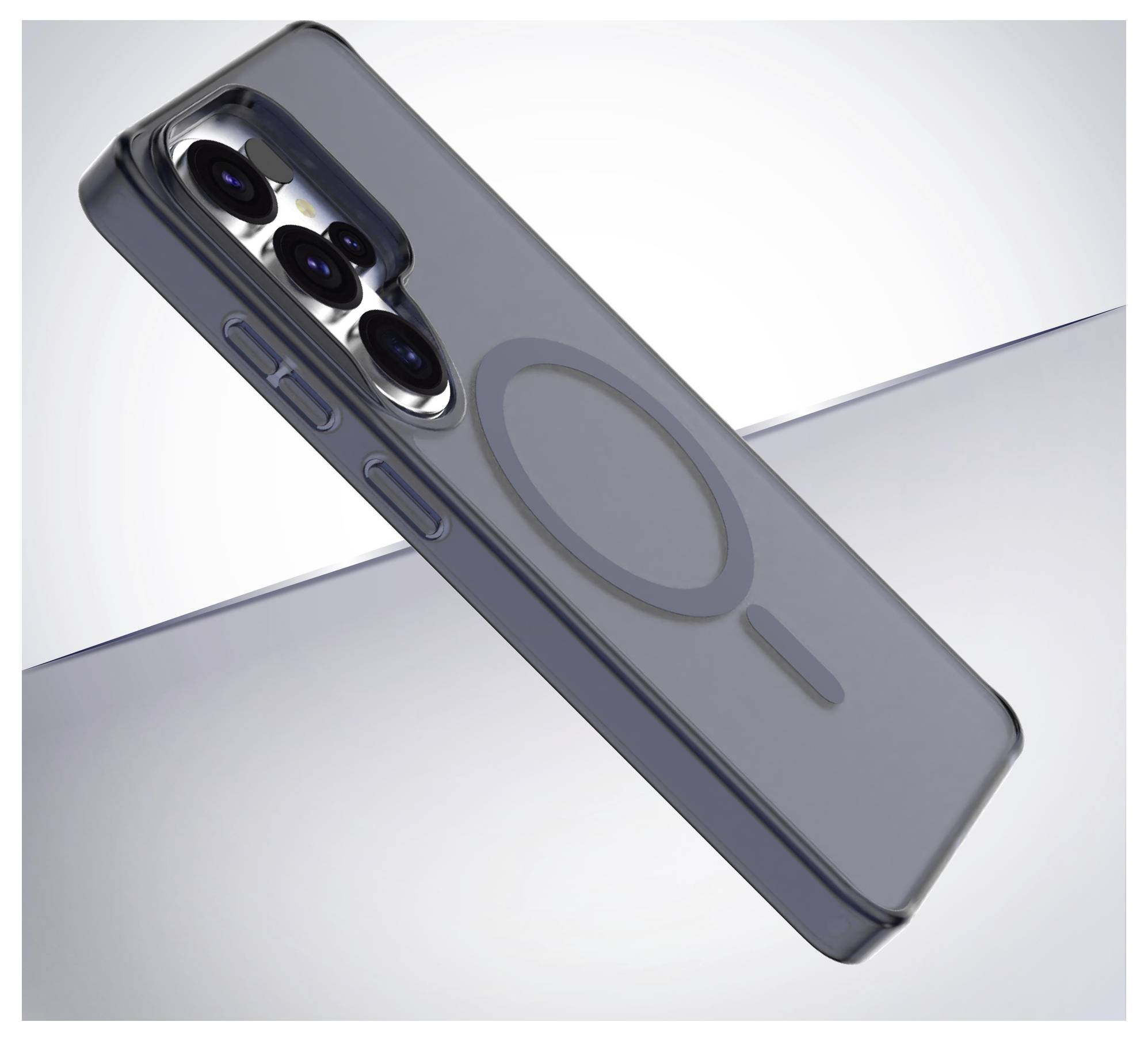 Smartphone so elegantným priehľadným púzdrom, ktoré má na zadnej strane prominentný MagSafe krúžok, naklonený voči sivému pozadiu.