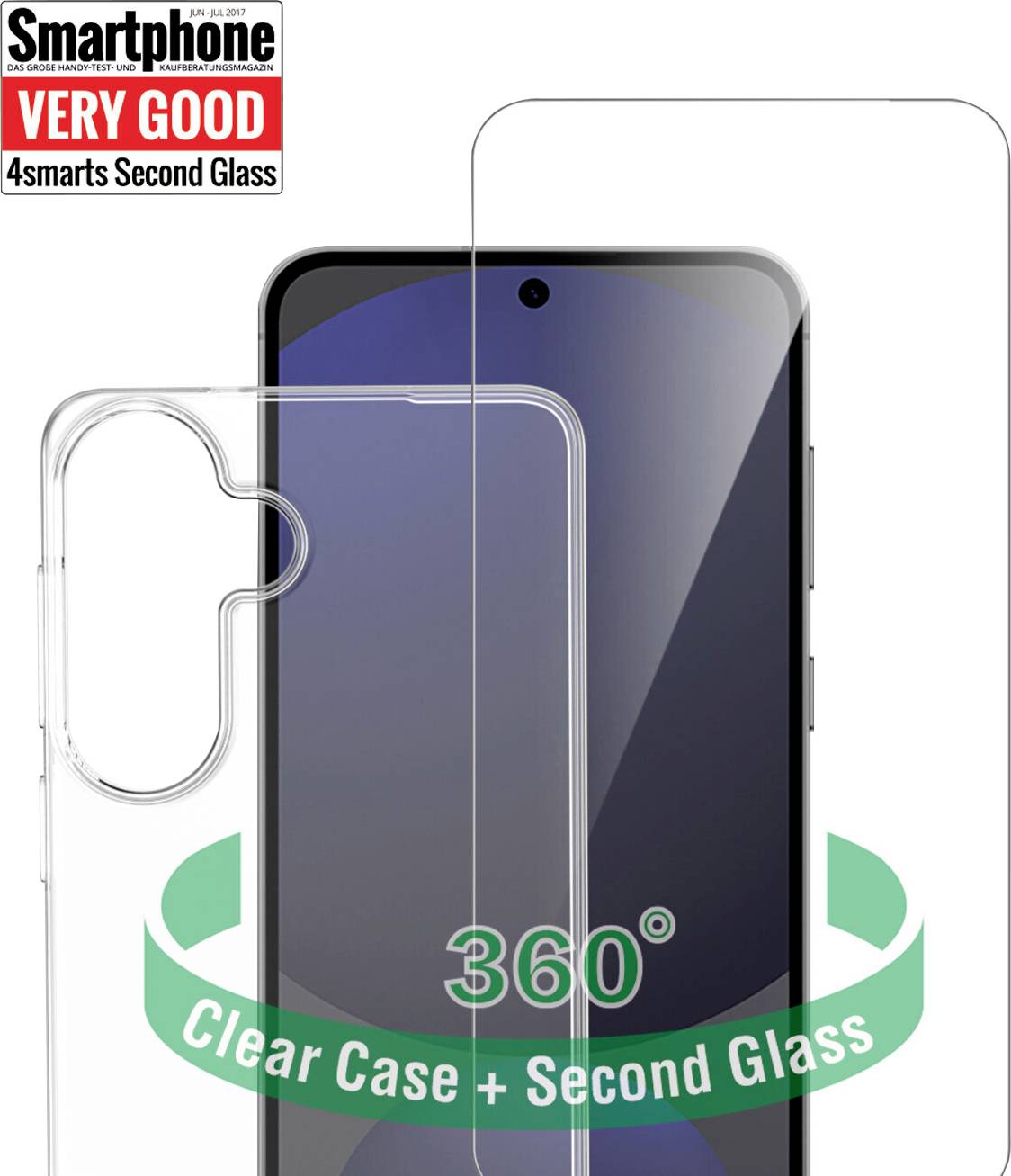 Smartfón s priehľadným puzdrom a druhým skleneným chráničom obrazovky, označený "360° Clear Case + Second Glass". Text znie "Smartfón VEĽMI DOBRÝ".