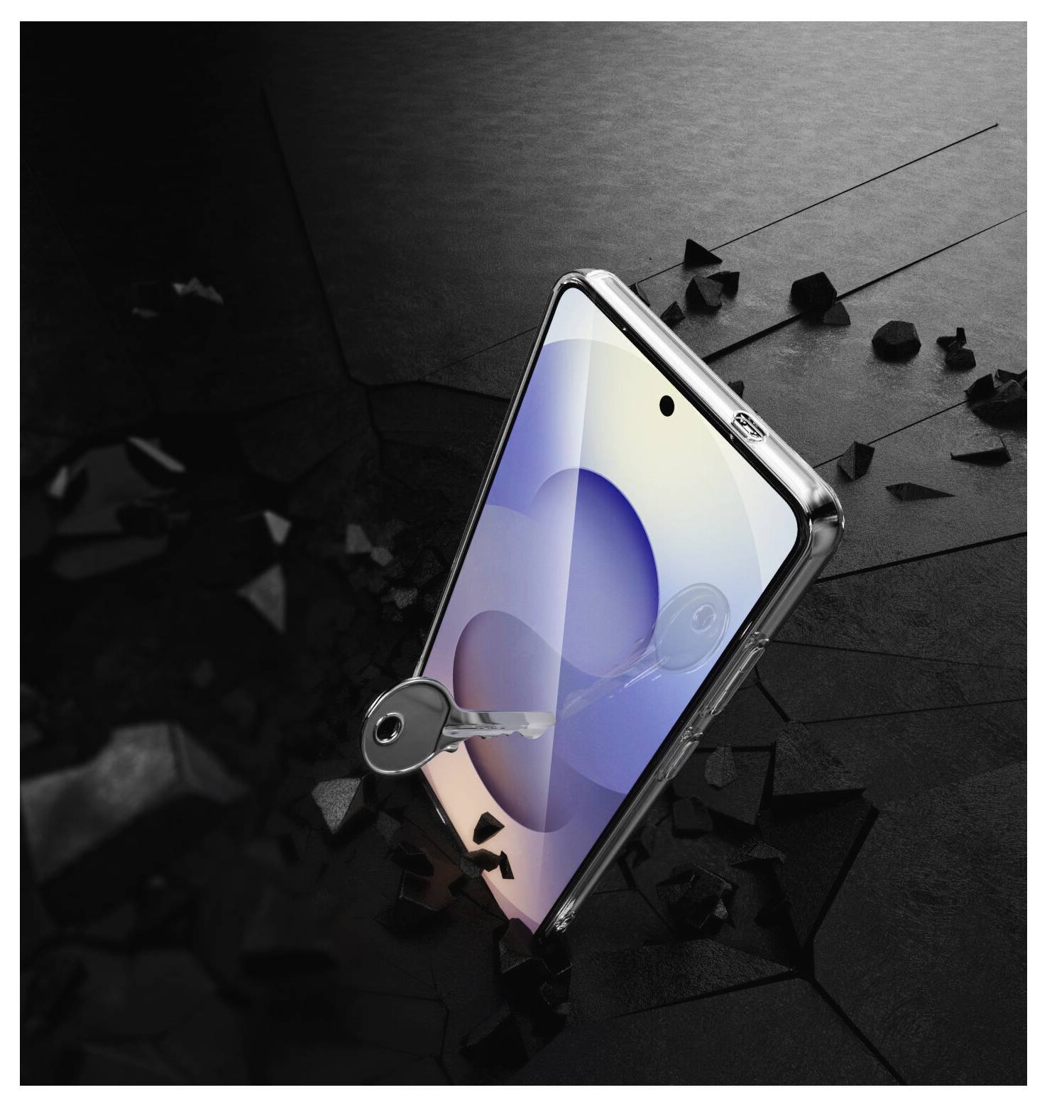 Smartphone s hladkou, reflexnou obrazovkou je opretý o tmavý, rozbitý povrch; kľúč je zameraný na obrazovku, čím symbolizuje odolnosť.