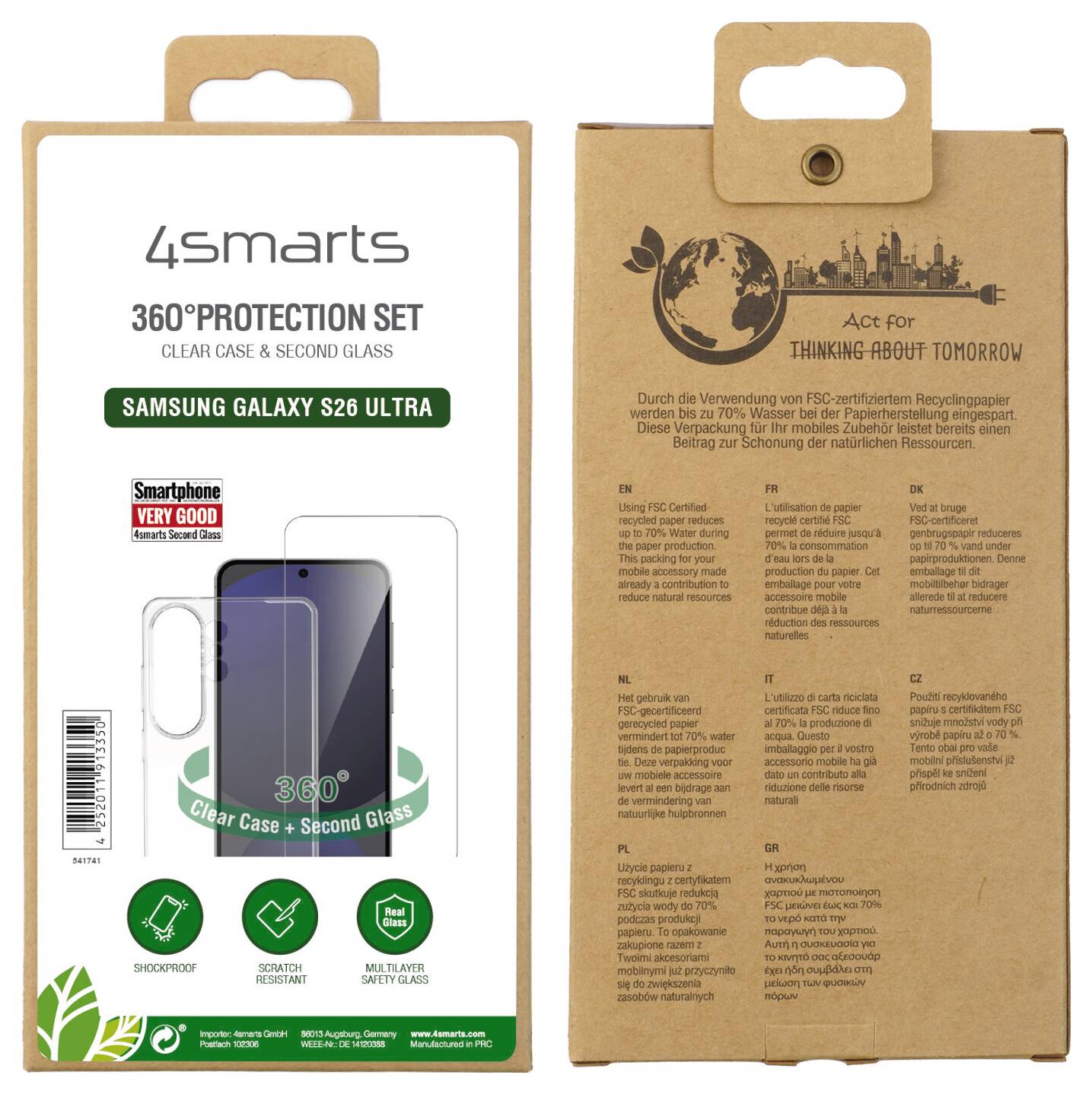 Predný obal sady "4smarts 360° Protection Set" pre Samsung Galaxy S20 Ultra, zobrazujúci priehľadný kryt a druhé sklo. Zadné detaily udržateľného balenia.