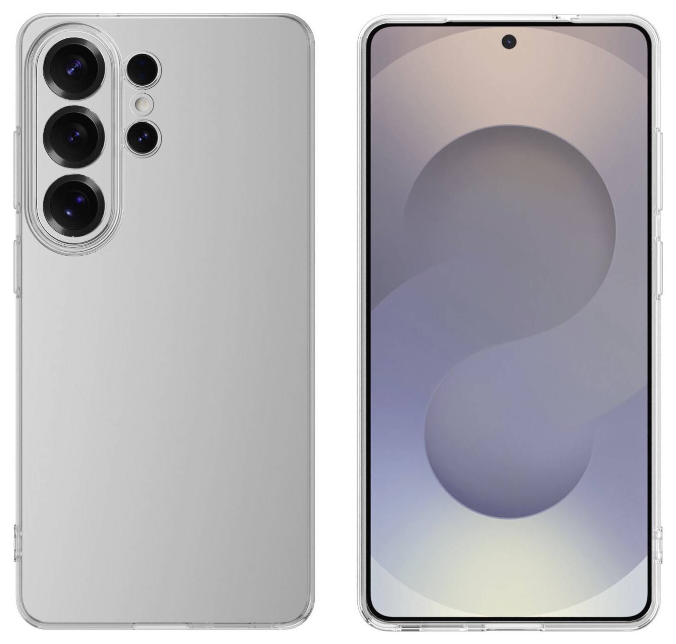 Predný a zadný pohľad moderného smartphonu s tromi zadnými fotoaparátmi a obrazovkou zobrazujúcou gradient pozadia.