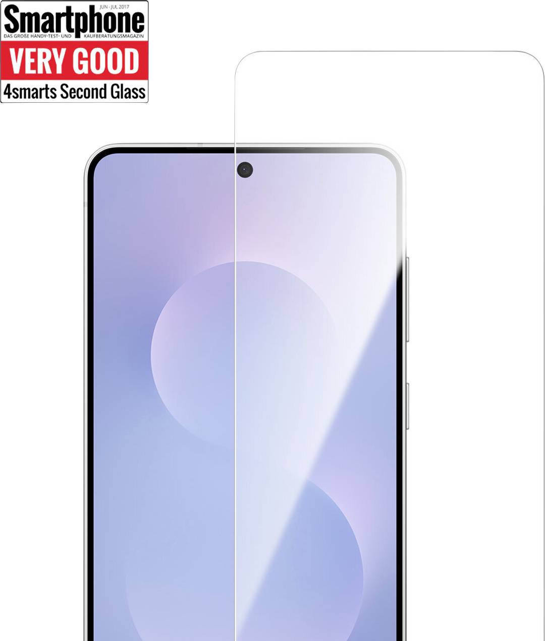 Smartfón s ochranným sklom obrazovky označeným „4smarts Second Glass". Ochrana zobrazuje hodnotenie "Smartphone Very Good".