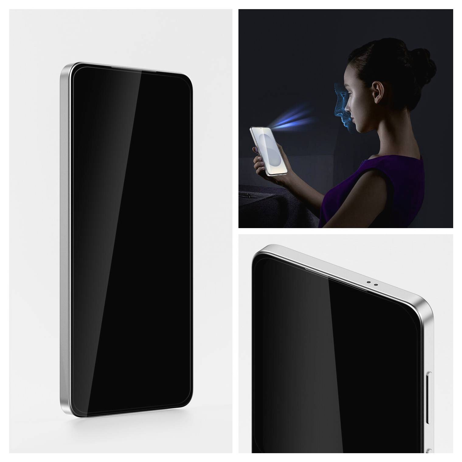 Osoba držiaca smartphone s technológiou rozpoznávania tváre, ktorá je naznačená modrými čiarami premietanými na ich tvár.