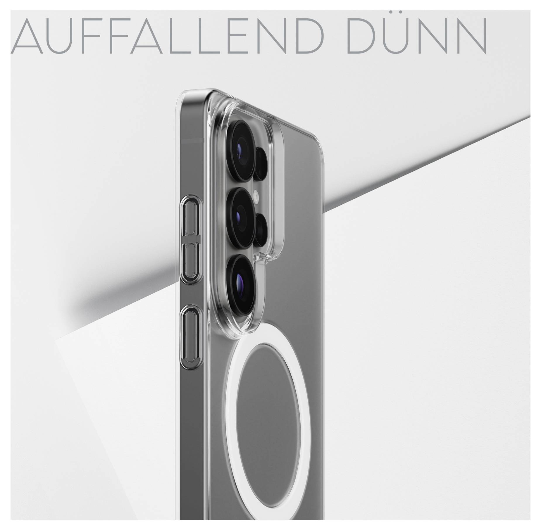Transparentný obal na telefón s výrezmi na kameru a kompatibilitou s MagSafe, s textom „Auffallend dünn" uvedeným vyššie, čo znamená „Nápadne tenký".