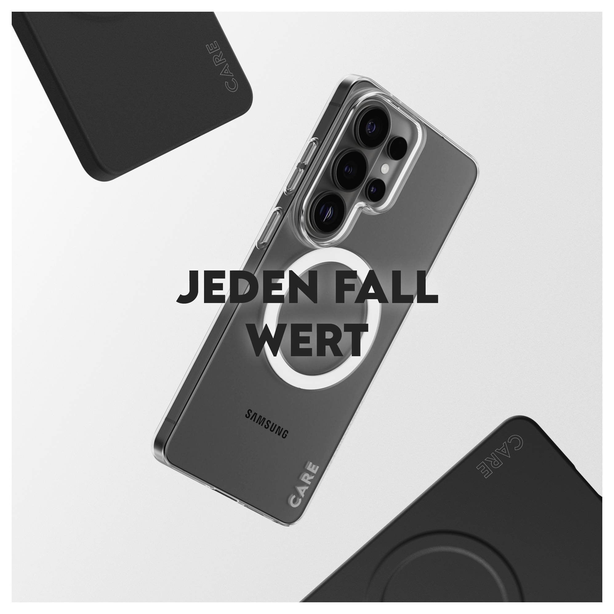 Telefón Samsung s priehľadným puzdrom s držiakom vo forme prstenca, obklopený čiernymi telefónnymi stojanmi. Text znie „Jeden Fall wert".