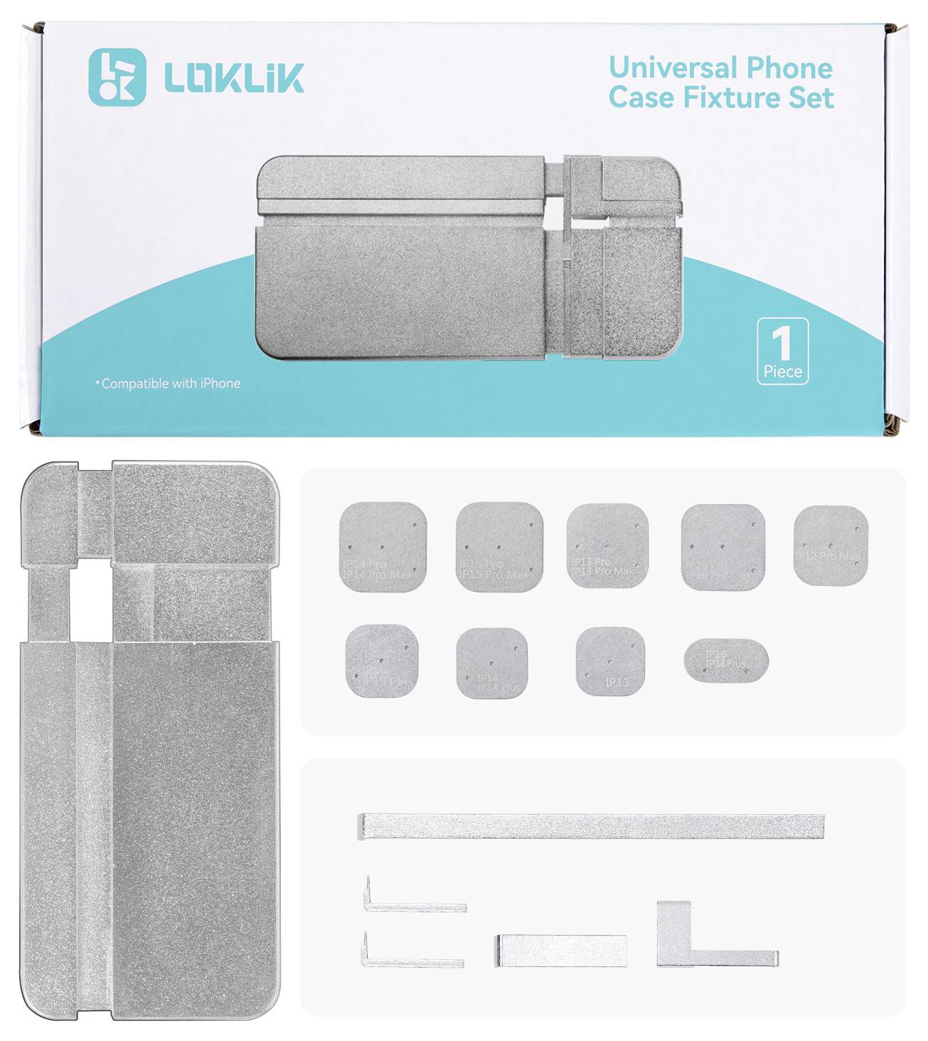 Balenie "Universal Phone Case Fixture Set" s zobrazením komponentov. Kompatibilné s iPhone. Obsahuje 1 kus s rôznymi časťami prípravy.