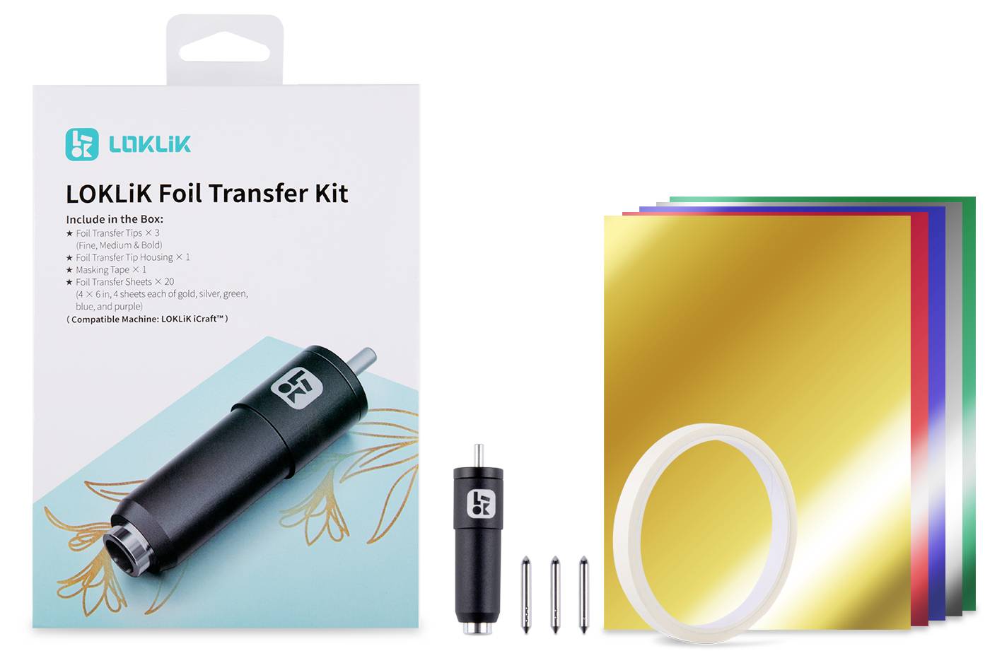 Sada "LOKLiK Foil Transfer Kit" obsahuje nástroj na prenos fólie, tri špičky, hárok zlatej fólie, pásku a pokyny. Kompatibilný s LOKLiK Explore.