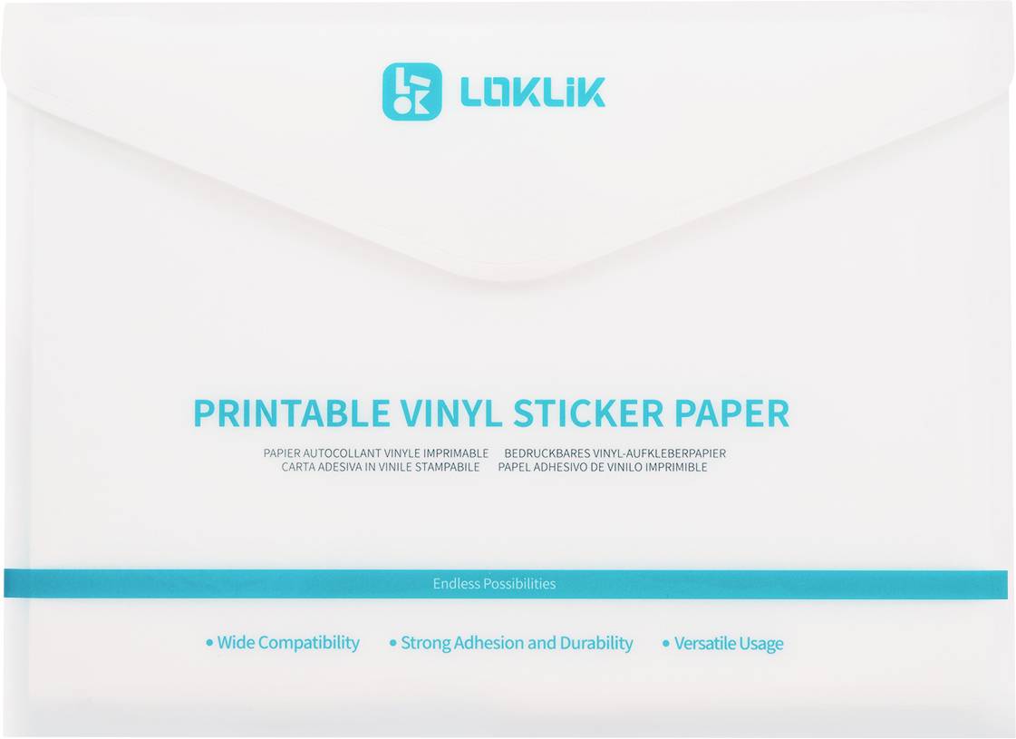 Balík „Loklik Printable Vinyl Sticker Paper" zobrazujúci kompatibilitu, silnú adhéziu, odolnosť a všestranné použitie.