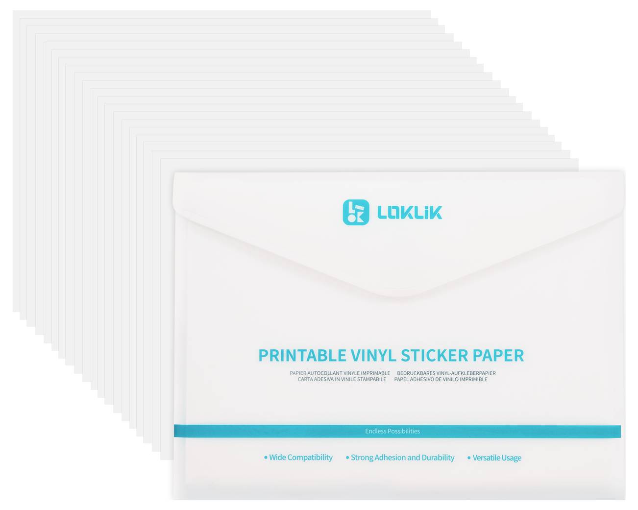 „Loklik Printable Vinyl Sticker Paper" je zobrazený na bielej obálke, pričom sa zdôrazňuje silná priľnavosť a širokú kompatibilitu. Za ním sú listy nálepkovacieho papiera rozložené ako ventilátor, čo naznačuje všestrannosť.