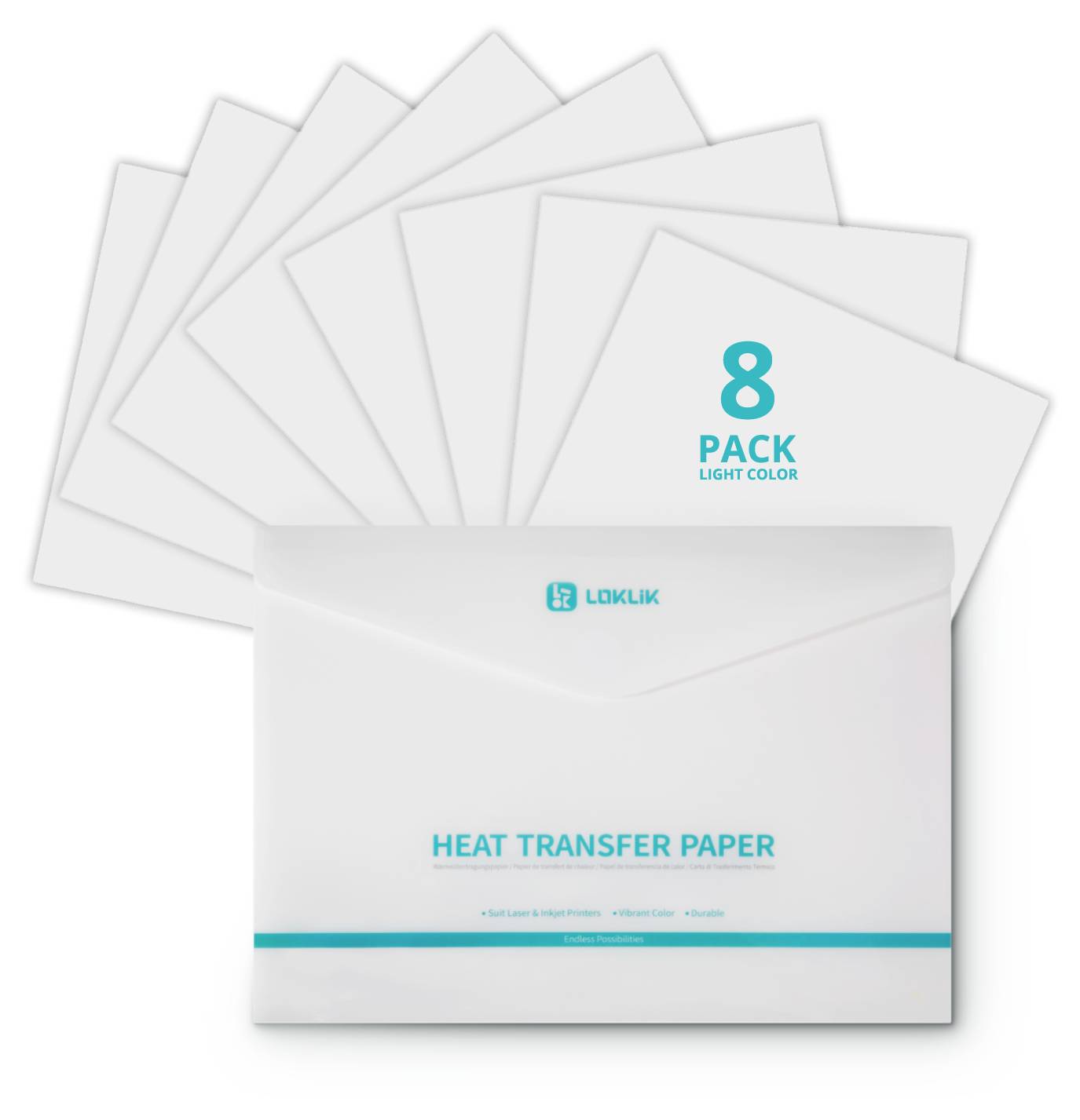 Balenie produktu s 8-balením svetlých listov papiera na tepelný prenos v bielej obálke označenej "HEAT TRANSFER PAPER" od LOKLiK.