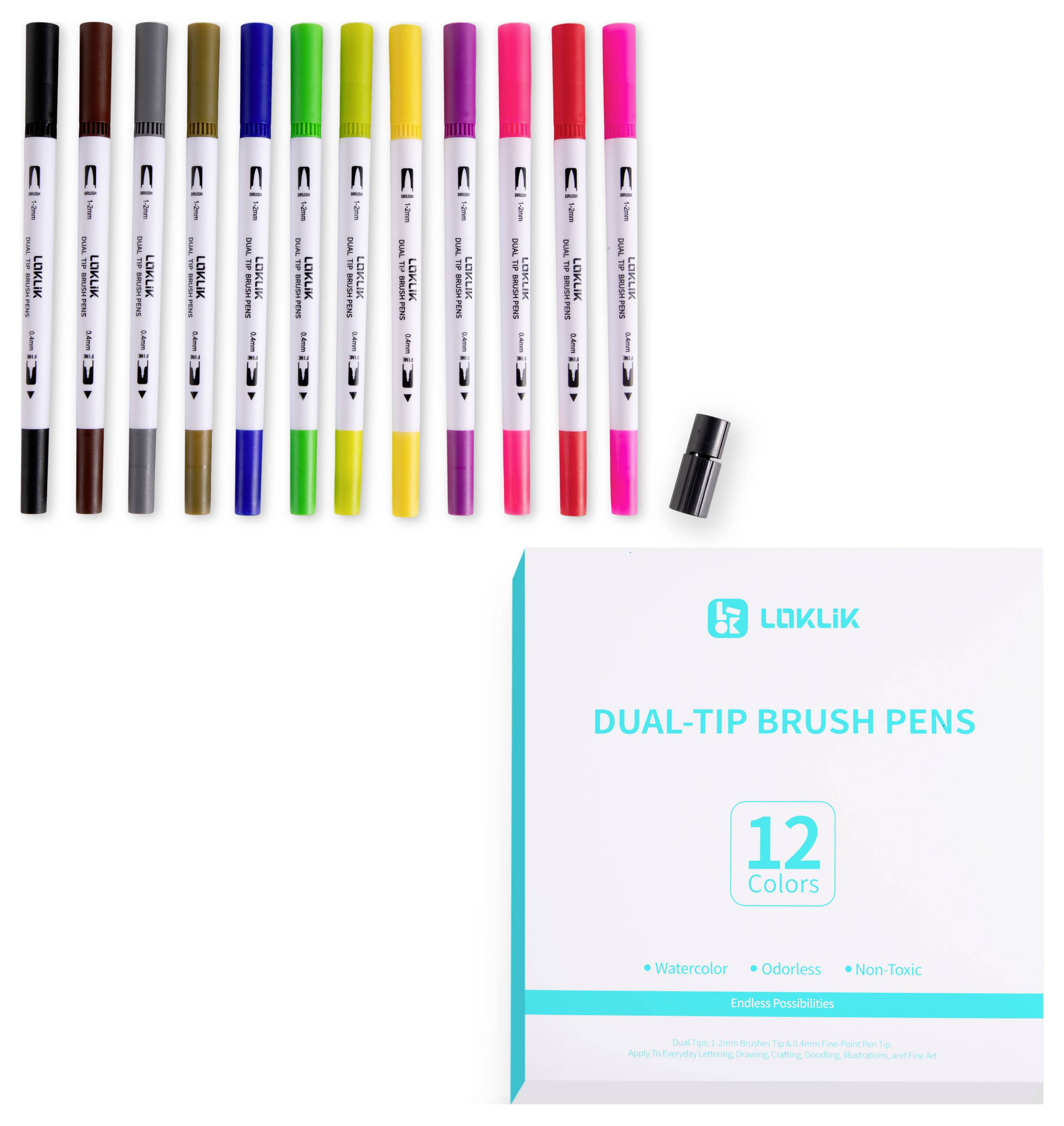 Sada „LAIKLIK Dual-Tip Brush Pens" s 12 farbami; obsahuje hnedú, čiernu, sivú, oranžovú, žltú, zelenú, modrú, fialovú, ružovú a červenú. Balenie deklaruje „Vodové farby, bez vôňe, netoxické".